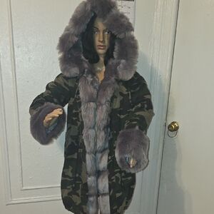 Camouflage Faux Fur Trimmed Women's Coat